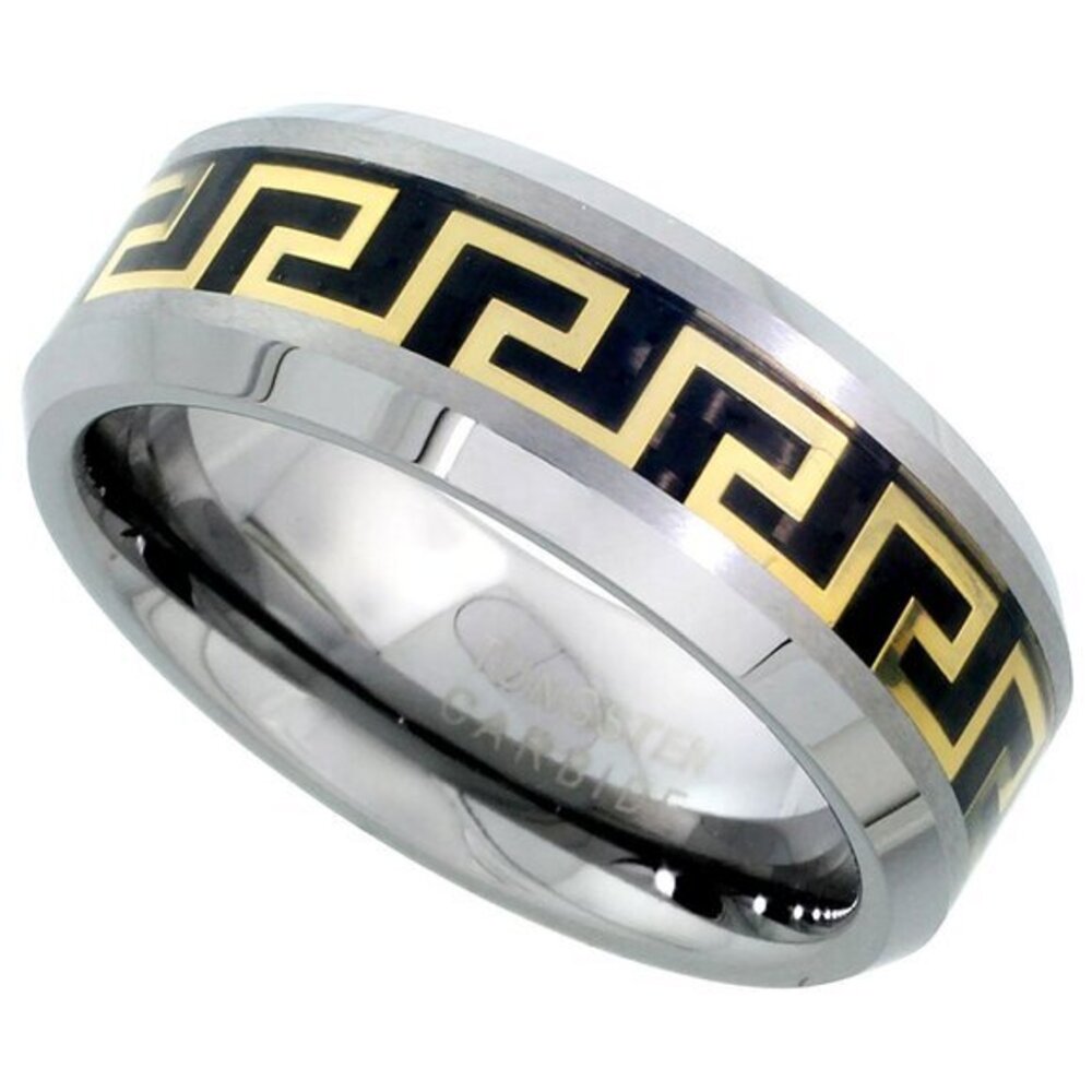 Tungsten Carbide 8 mm Flat Wedding Band Ring Gold Greek Key Inlay Beveled Edges,